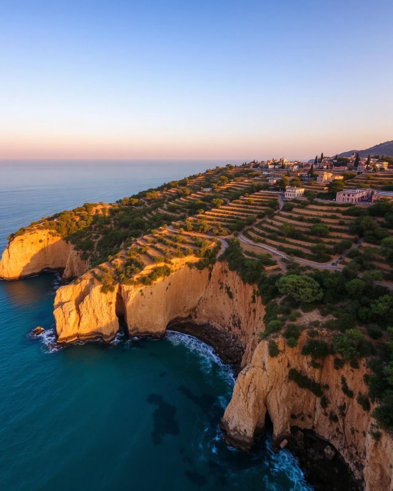 Aerial view of the Sicilian coastline at golden hour